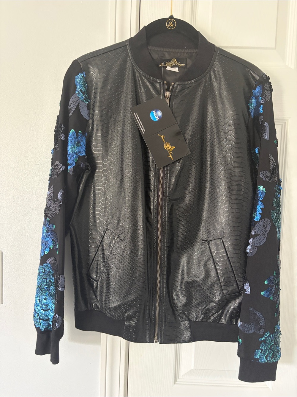 Joan Boyce Black Bomber Jacket with Blue Sequin Embroidery